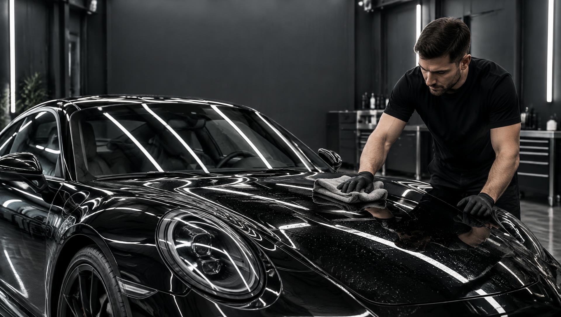 Illustrative professional detailer carefully wiping a glossy black sports car