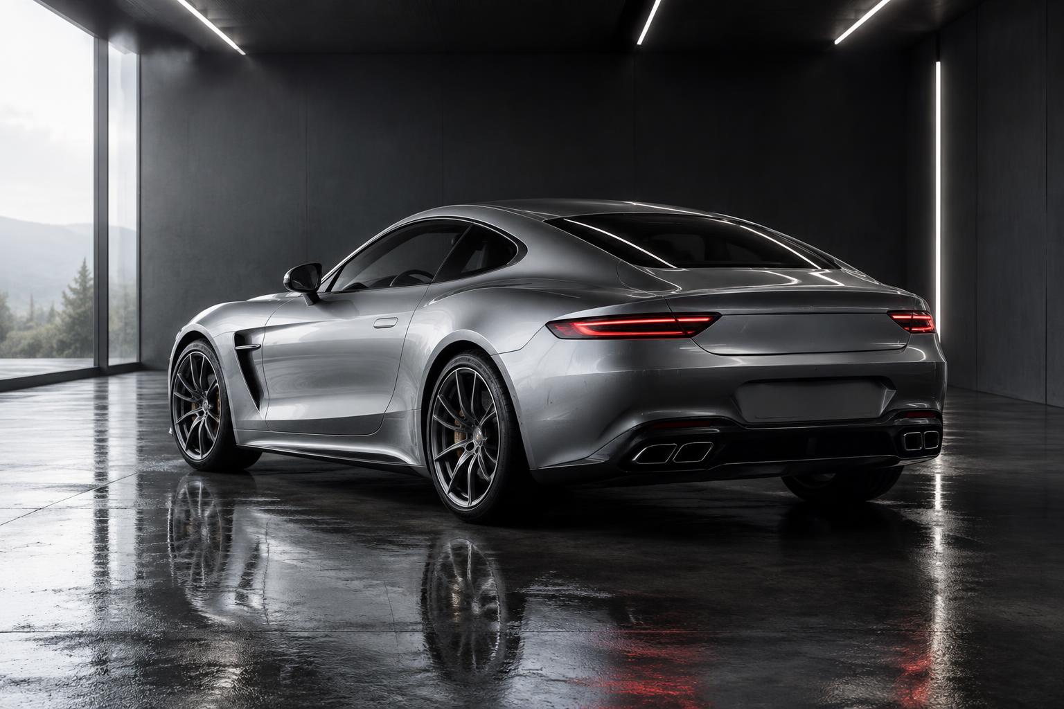 Illustrative silver sports coupe with a clean reflective finish