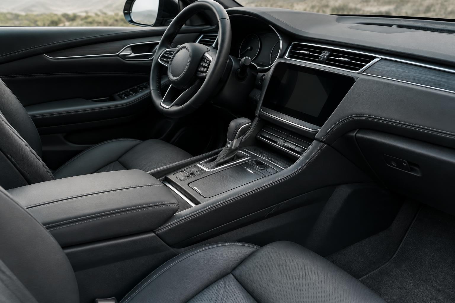 Illustrative clean luxury car cabin and black leather seats